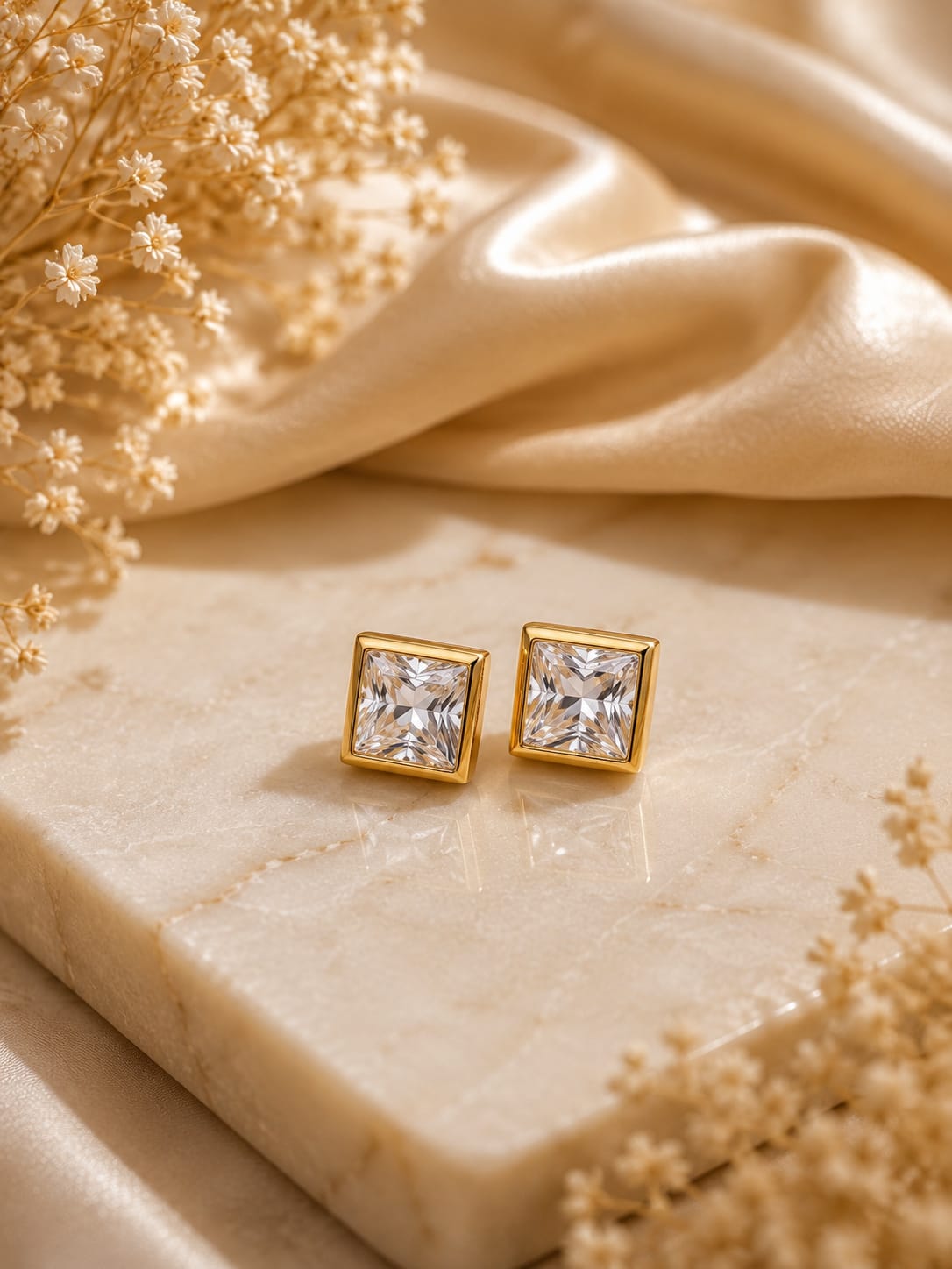 Princess Cut Gold Stud Earrings