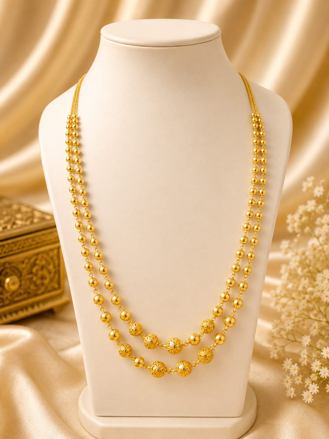 Elegant Double Layer Gold Beaded Long Necklace