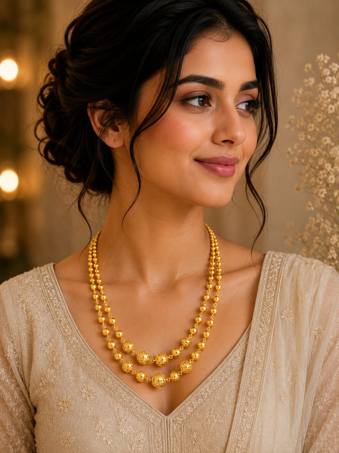 Elegant Double Layer Gold Beaded Long Necklace