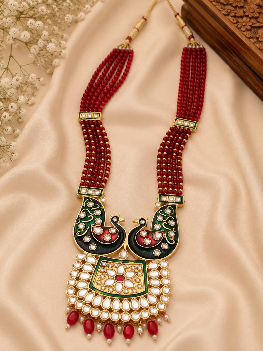Traditional Peacock Design Red Beaded Necklace Set with Earrings for Women