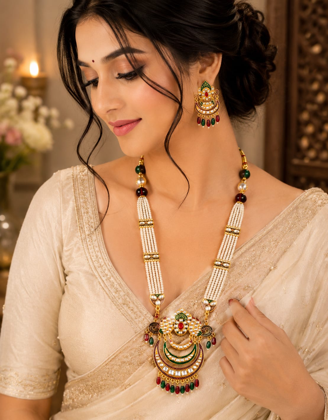 Traditional Multicolor Pearl Long Necklace Set with Earrings for Women