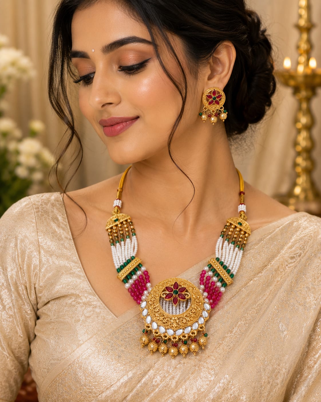 Traditional Floral Pearl Necklace Set