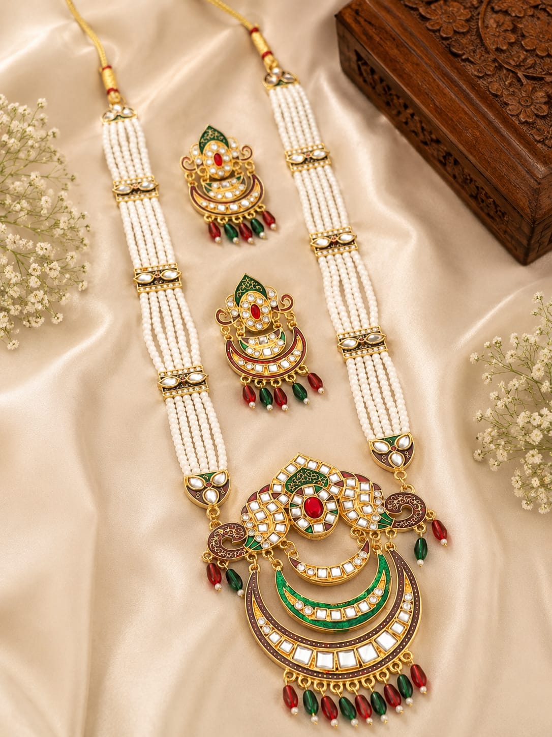 Traditional Multicolor Pearl Long Necklace Set with Earrings for Women