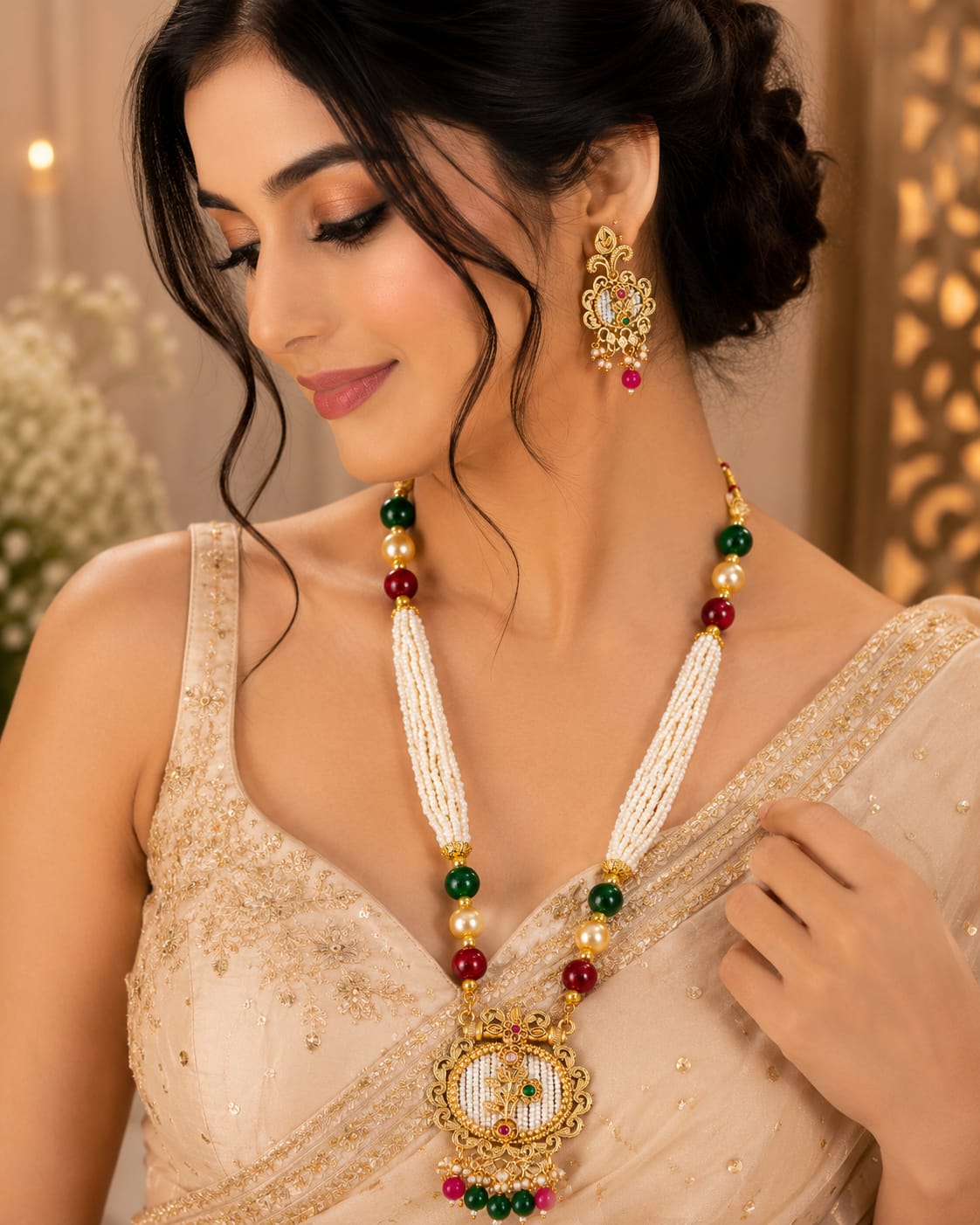 Traditional Pearl Pendant Necklace Set with Designer Earrings for Women