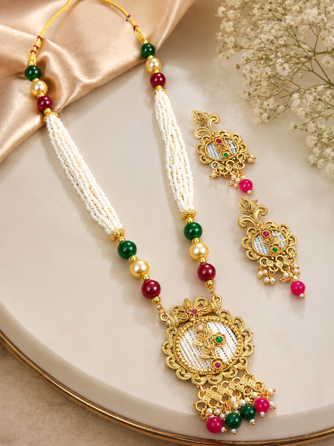 Traditional Pearl Pendant Necklace Set with Designer Earrings for Women