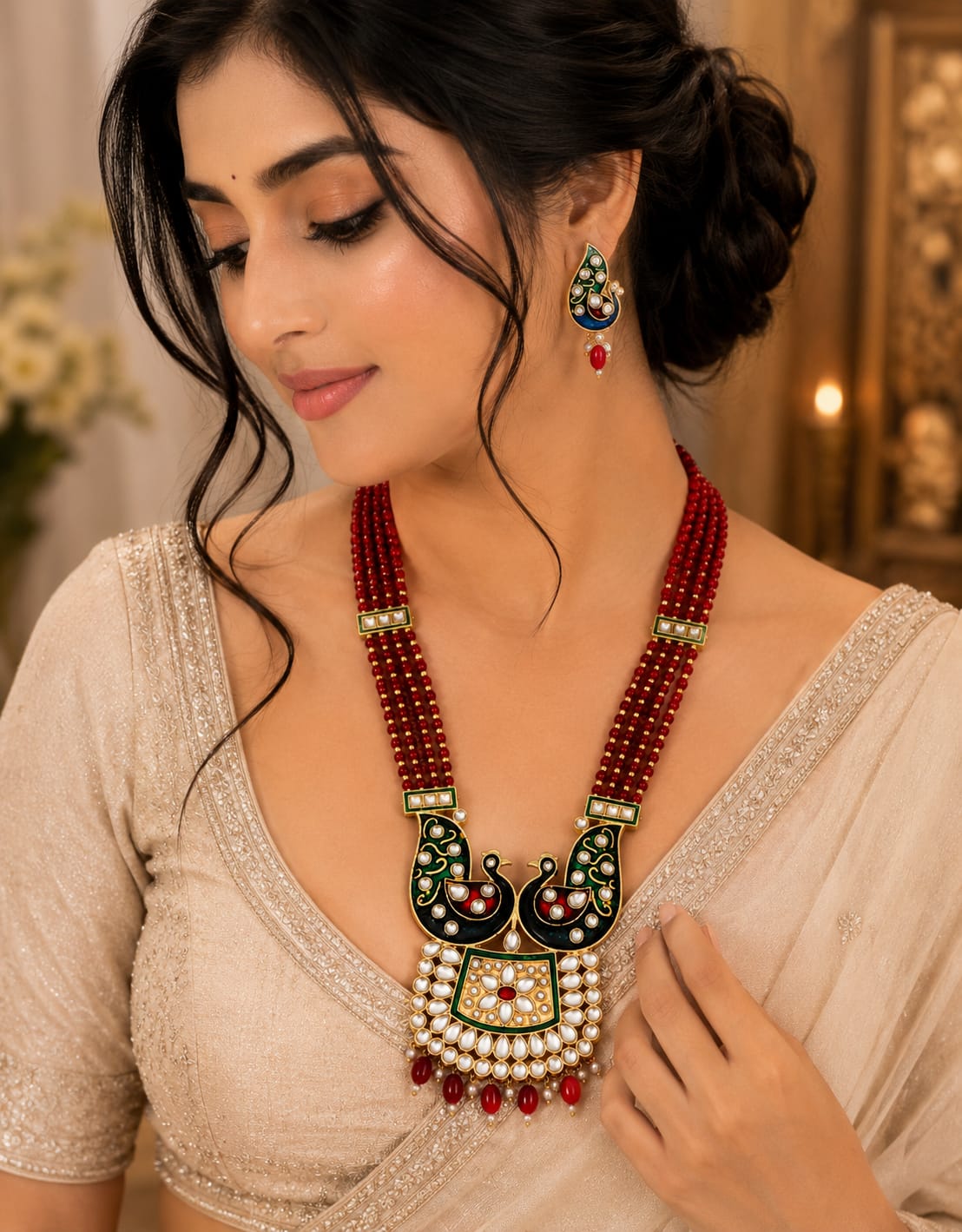 Traditional Peacock Design Red Beaded Necklace Set with Earrings for Women