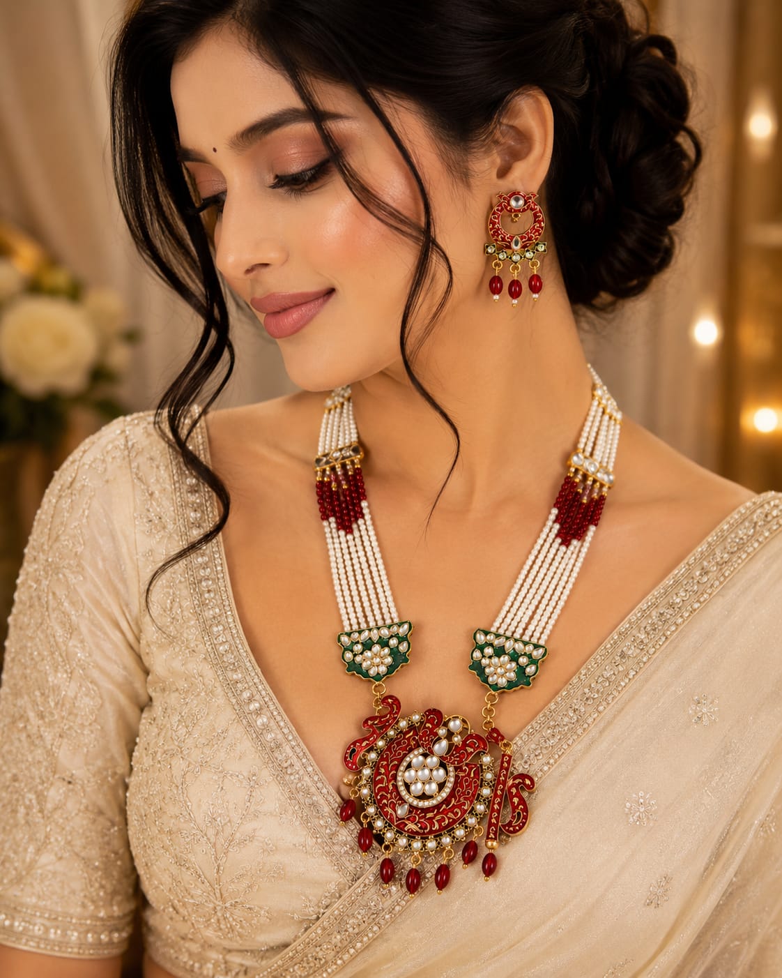 Traditional Pearl Long Necklace Set with Kundan Pendant & Earrings for Women
