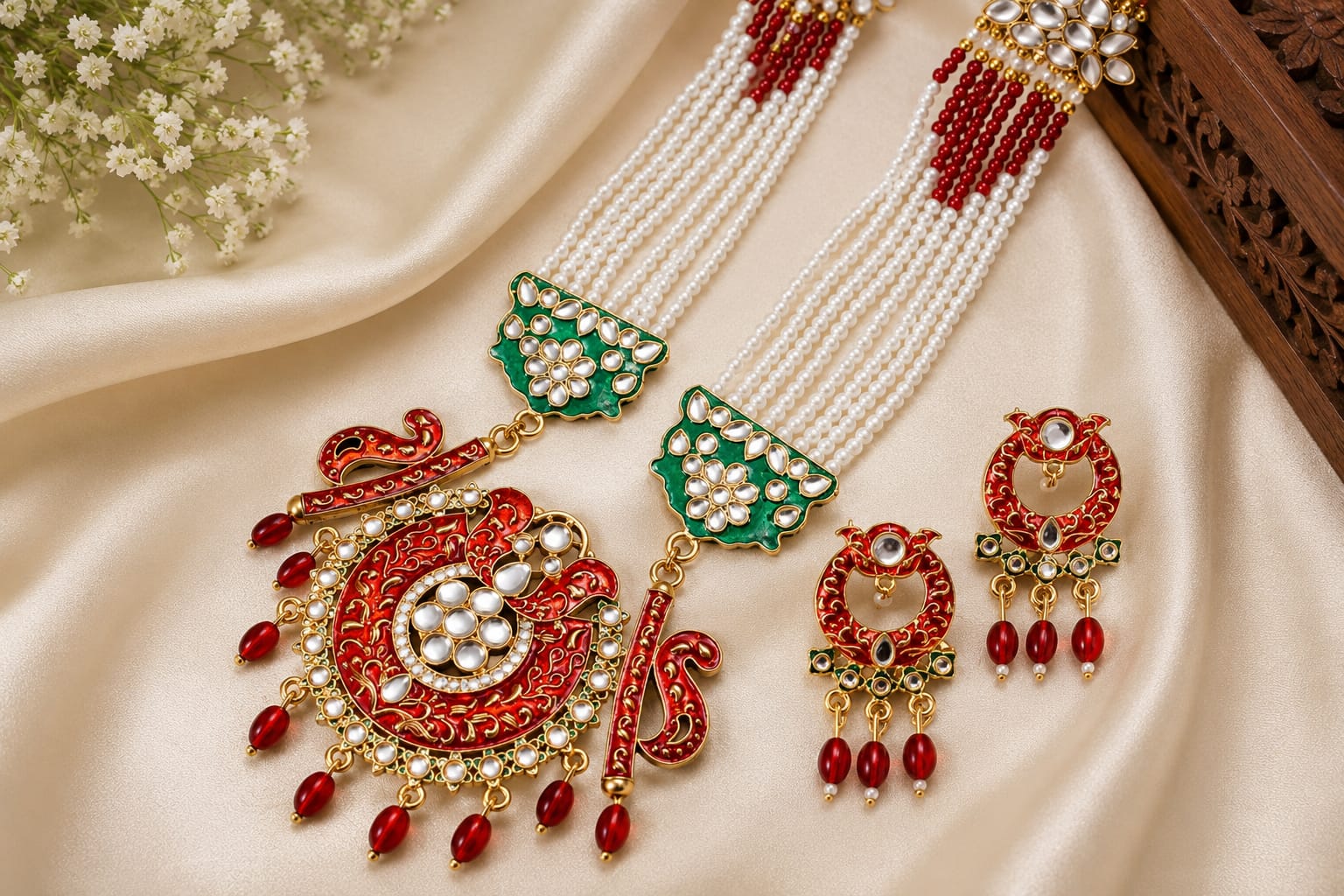 Traditional Pearl Long Necklace Set with Kundan Pendant & Earrings for Women