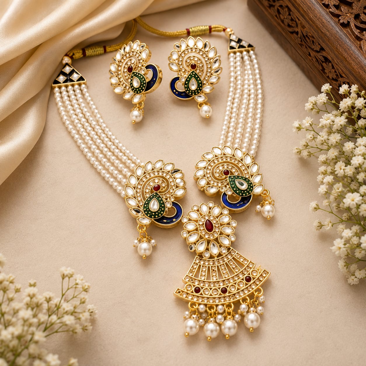 Royal Pearl Peacock Long Necklace Set with Earrings for Women