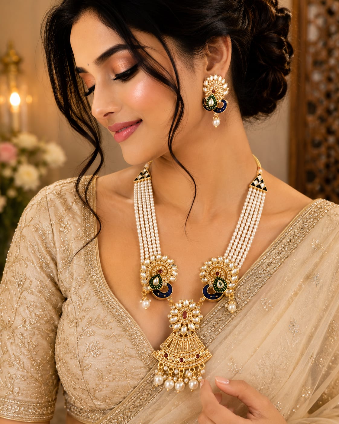 Royal Pearl Peacock Long Necklace Set with Earrings for Women