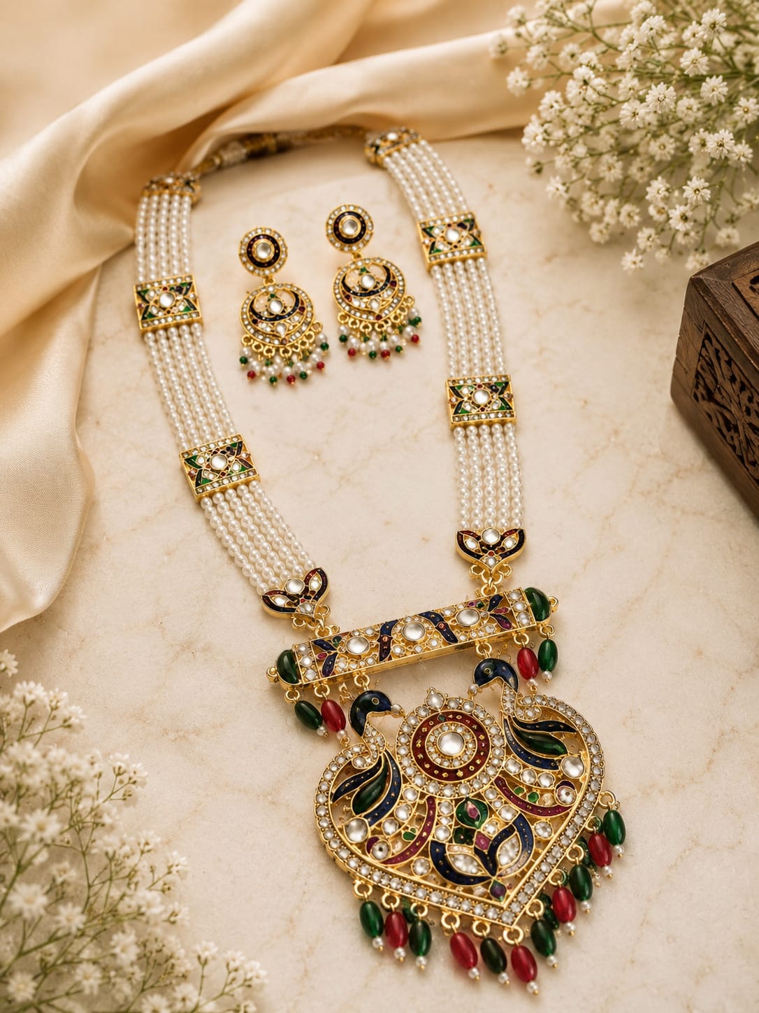 Royal Pearl Peacock Pendant Long Necklace Set