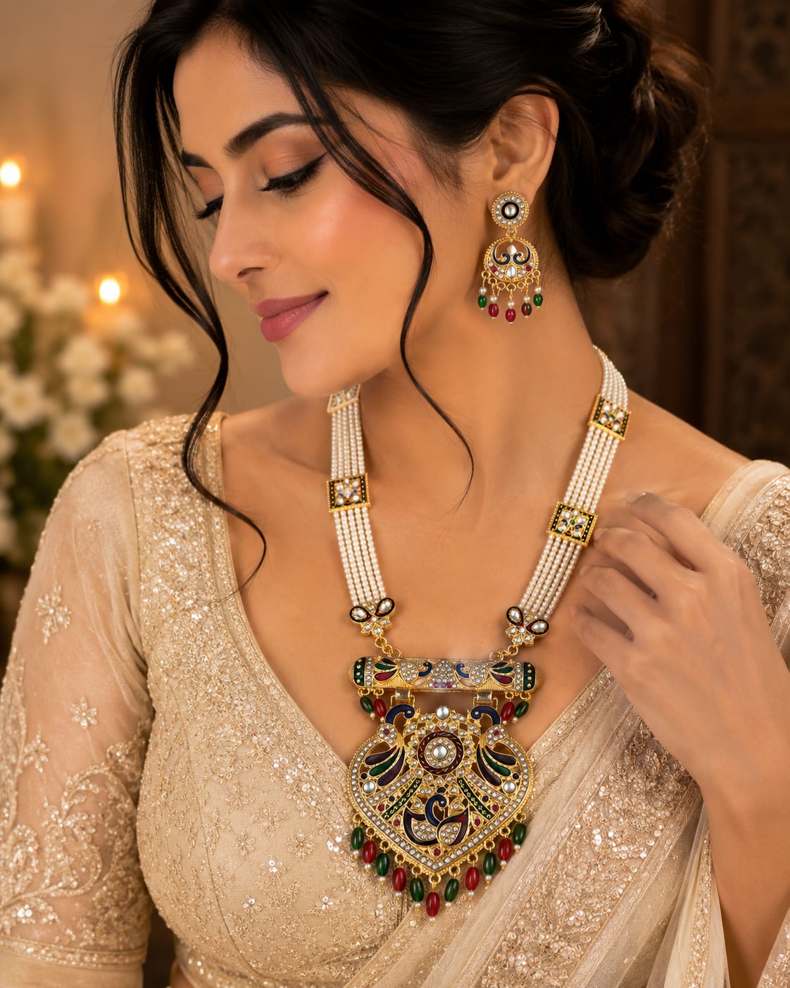 Royal Pearl Peacock Long Necklace Set with Designer Earrings for Women