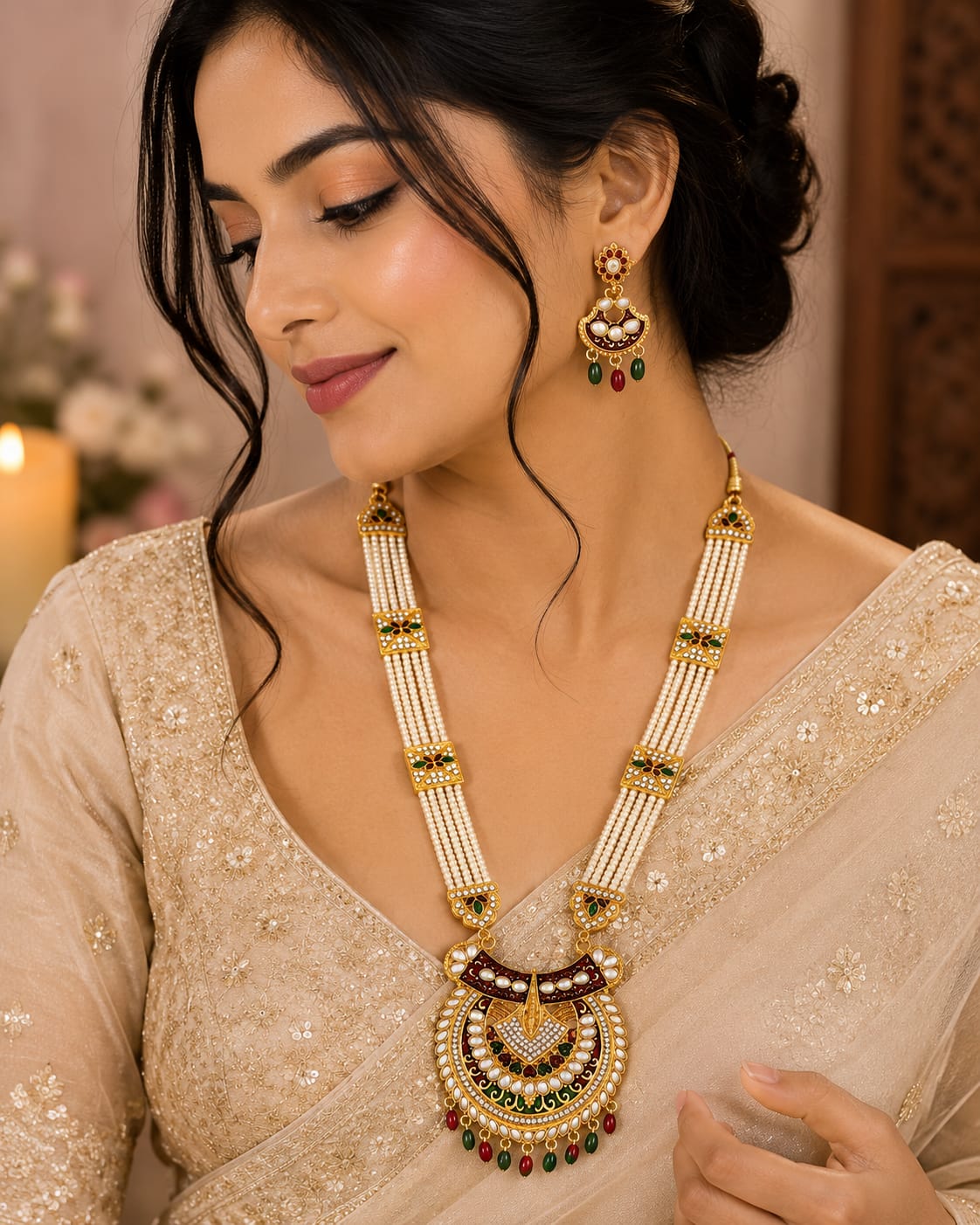 Traditional Pearl Long Necklace Set with Kundan Pendant & Earrings for Women
