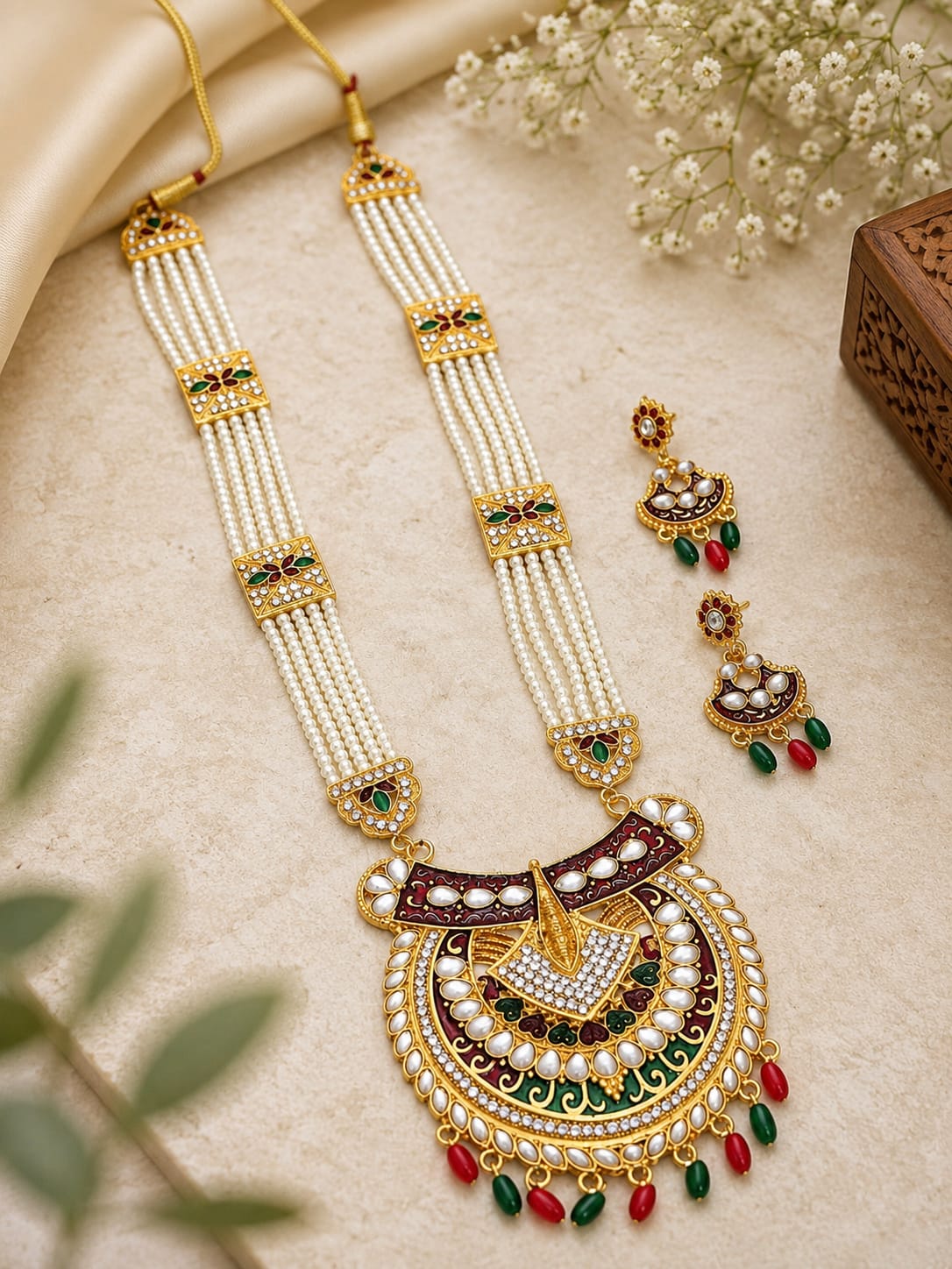 Traditional Pearl Long Necklace Set with Kundan Pendant & Earrings for Women