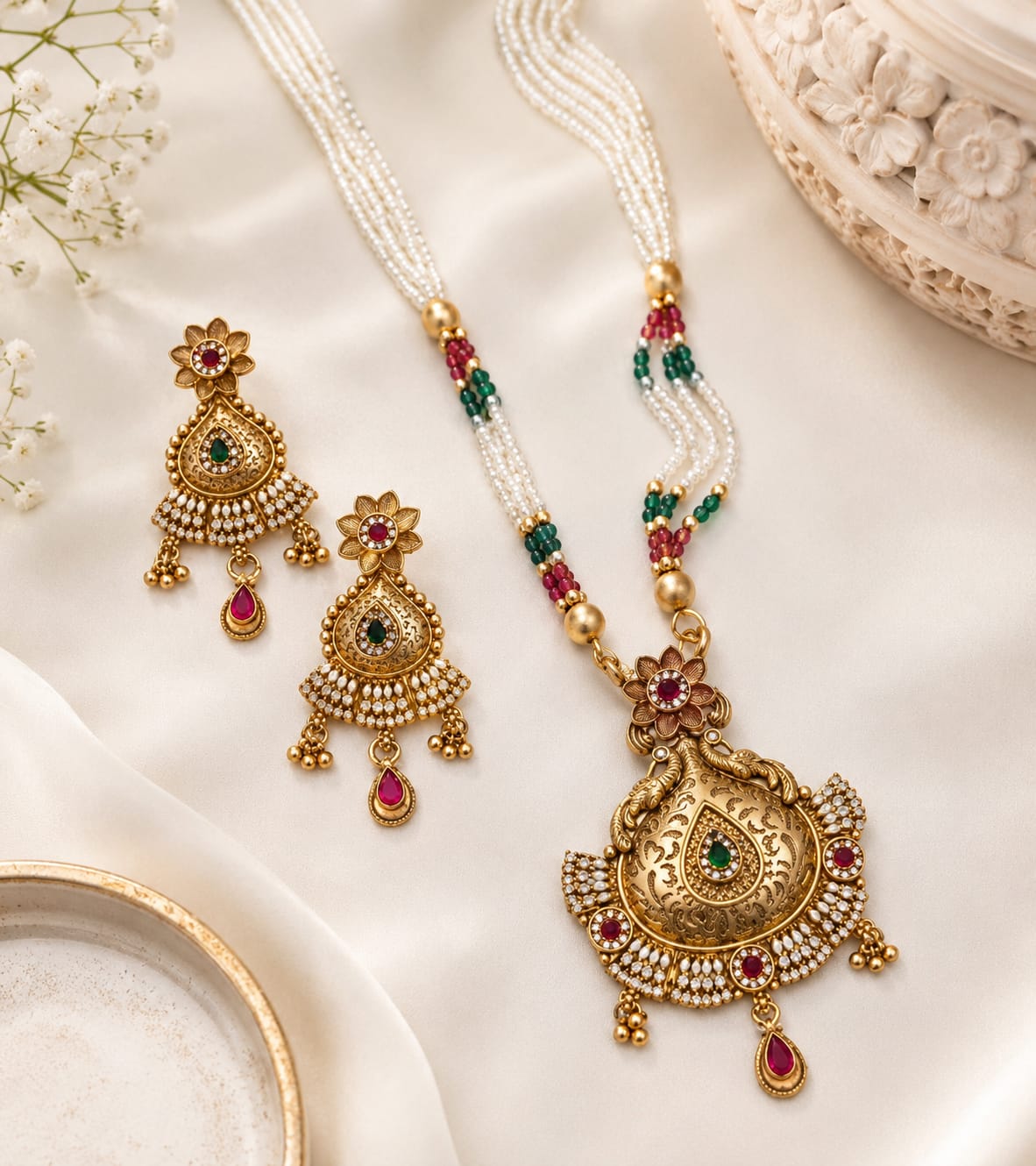 Traditional Pearl Pendant Necklace Set