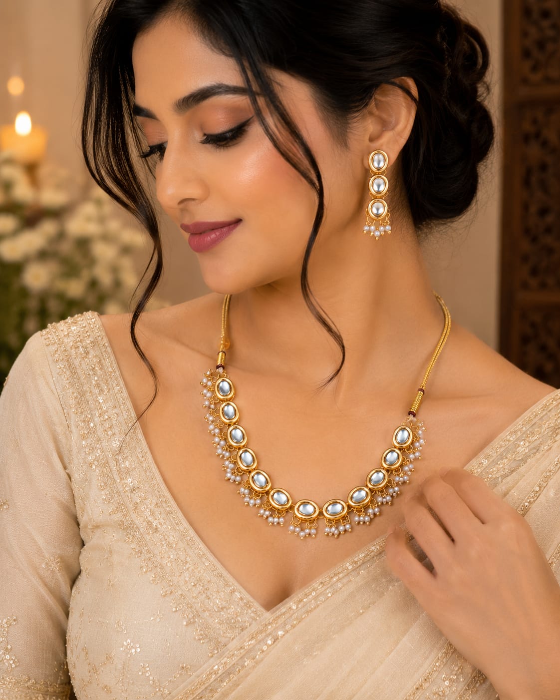 Classic Kundan Pearl Choker Necklace Set with Earrings