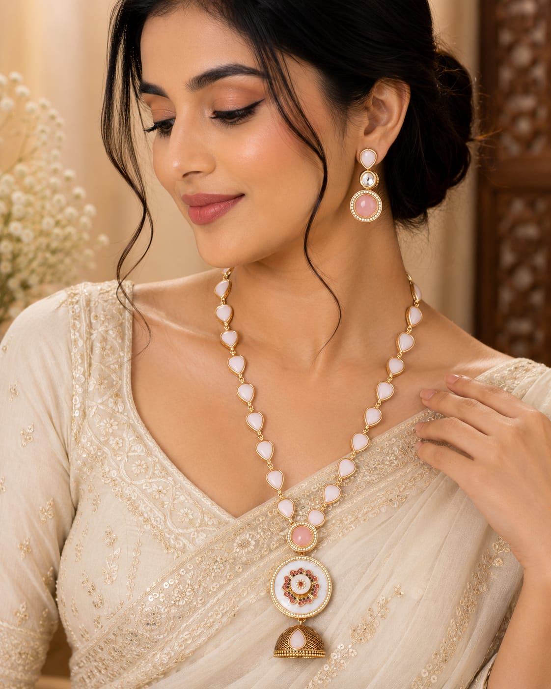 Pink Stone Pendant Necklace Set