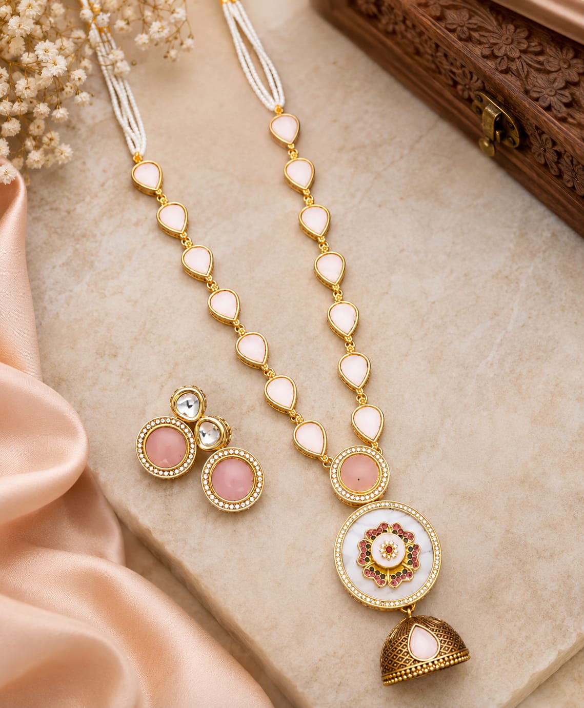 Pink Stone Pendant Necklace Set
