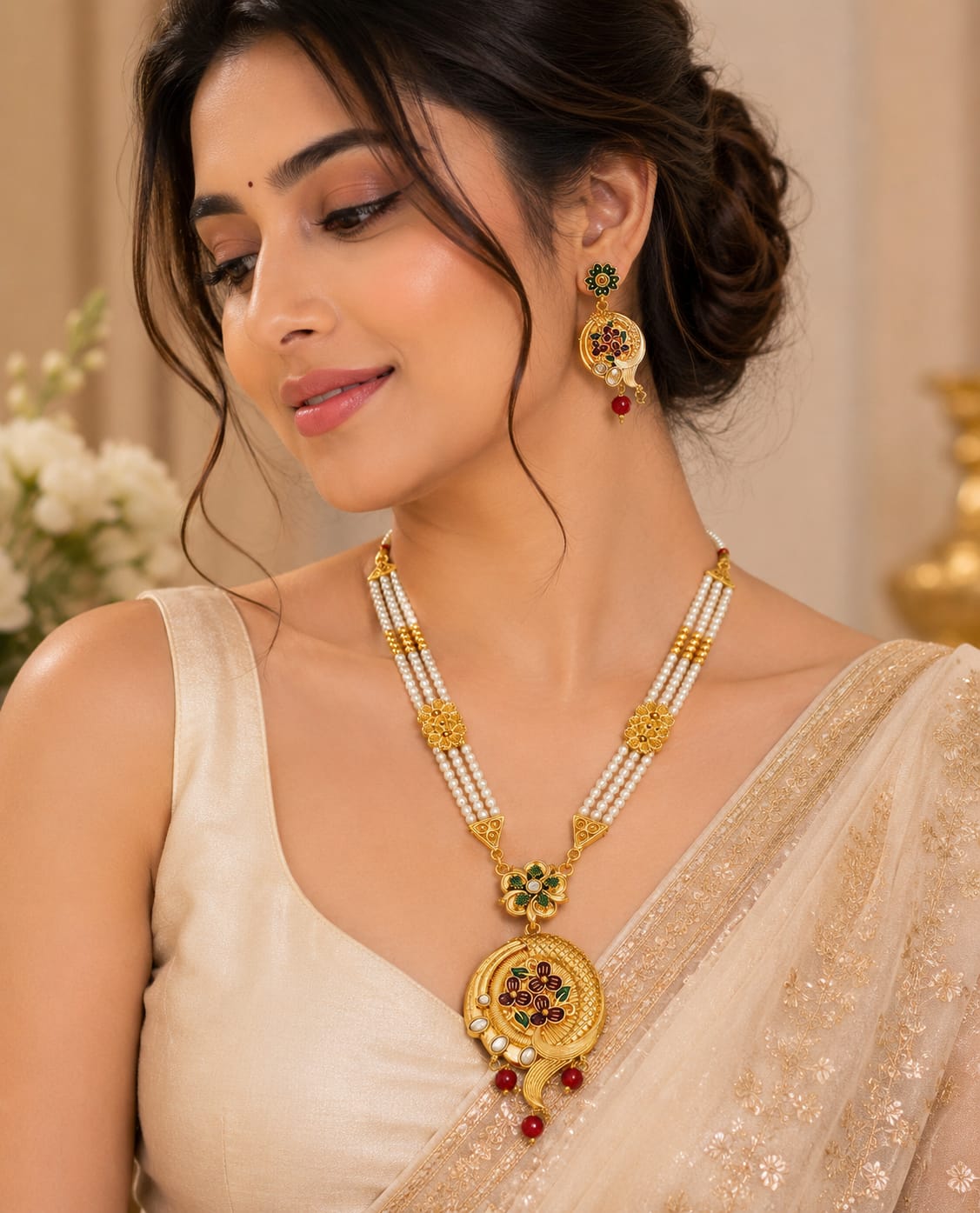 Pearl Floral Pendant Necklace Set