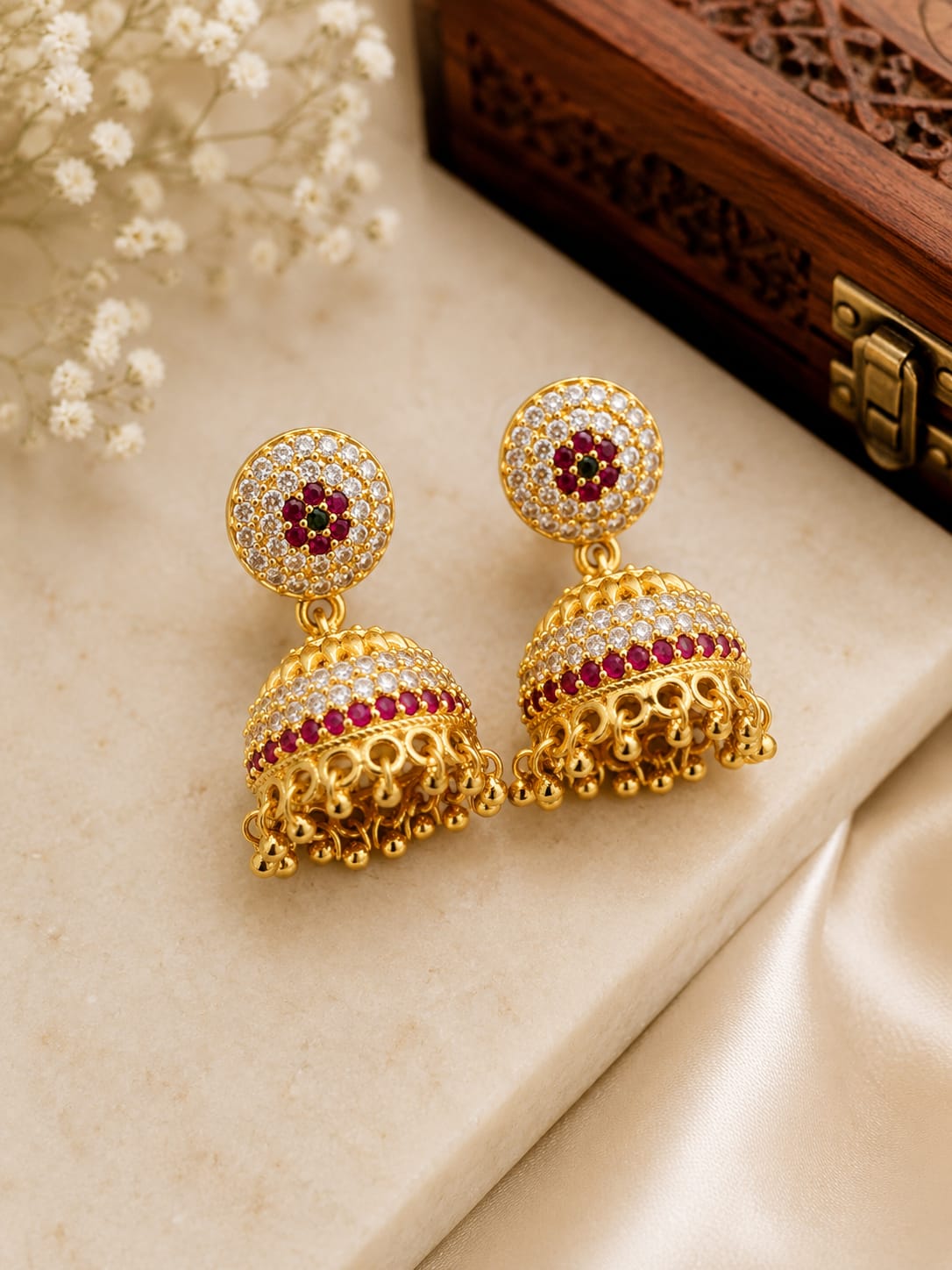 Premium Ruby CZ Jhumka Earrings