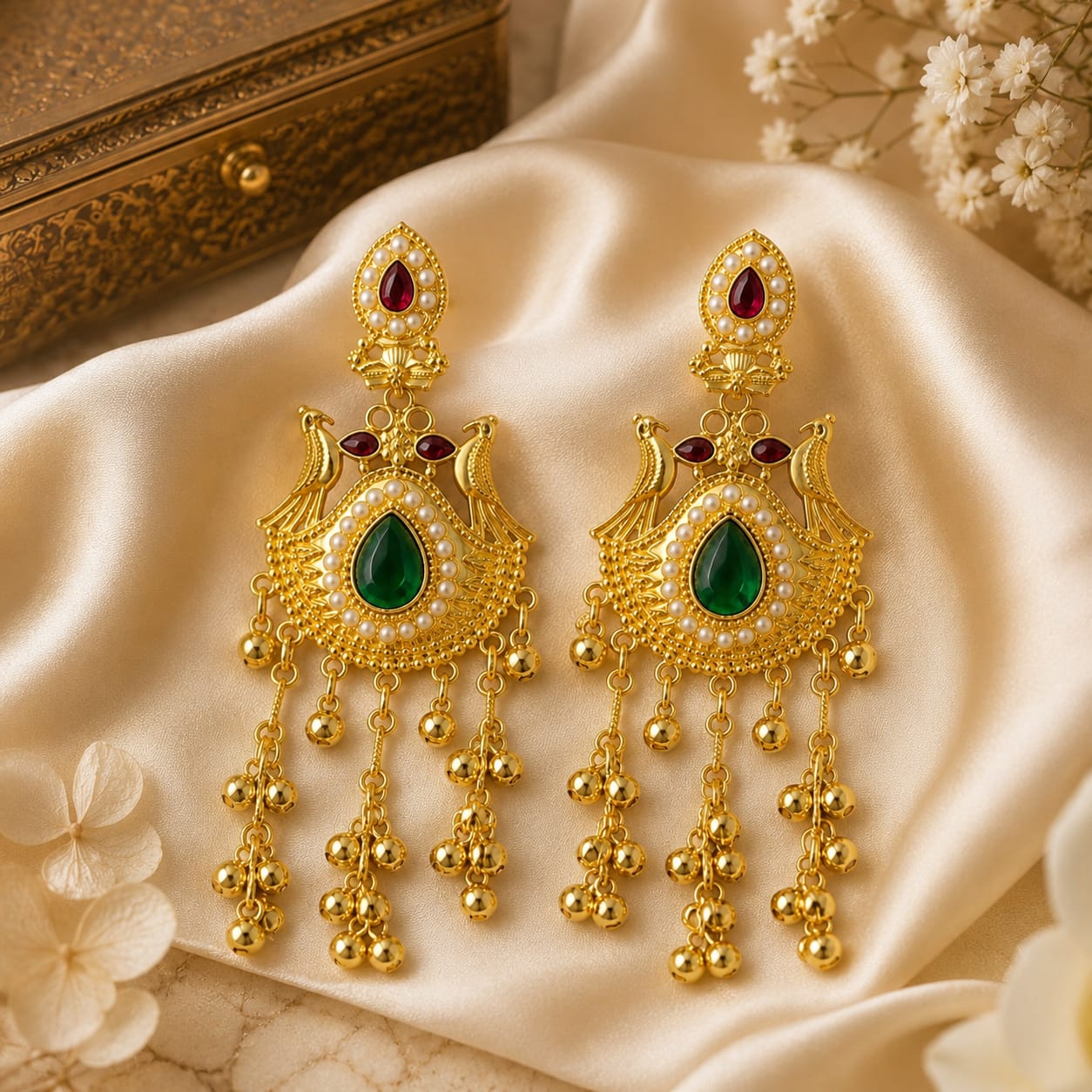 Green Stone Pearl Chandbali Earrings