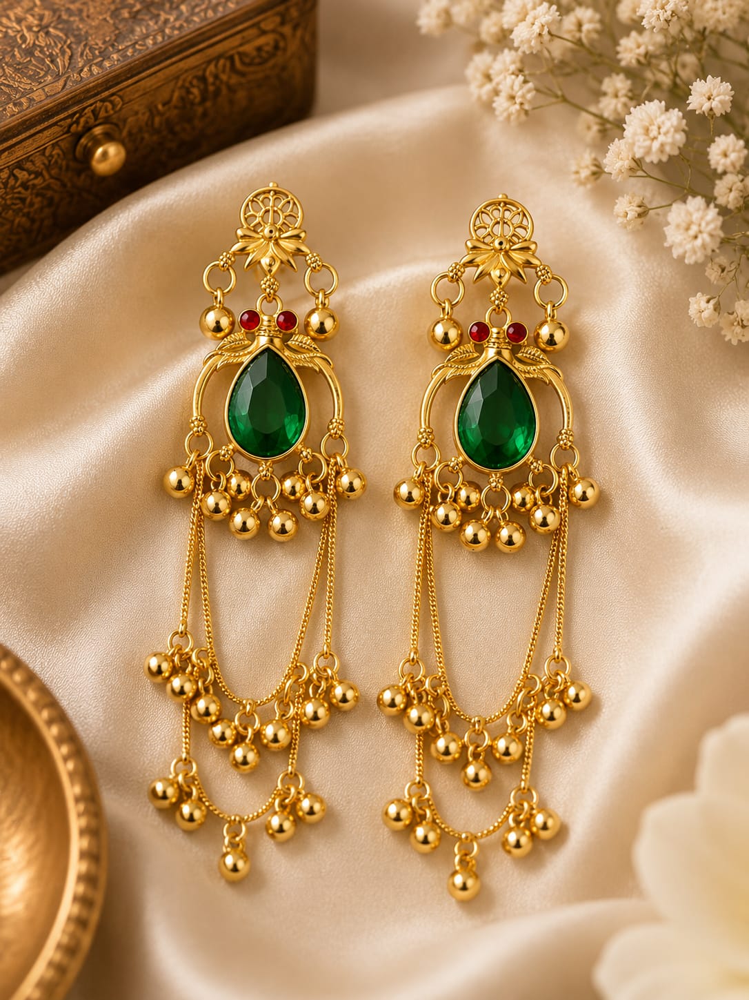Gold Plated Green Stone Long Dangle Earrings for Women