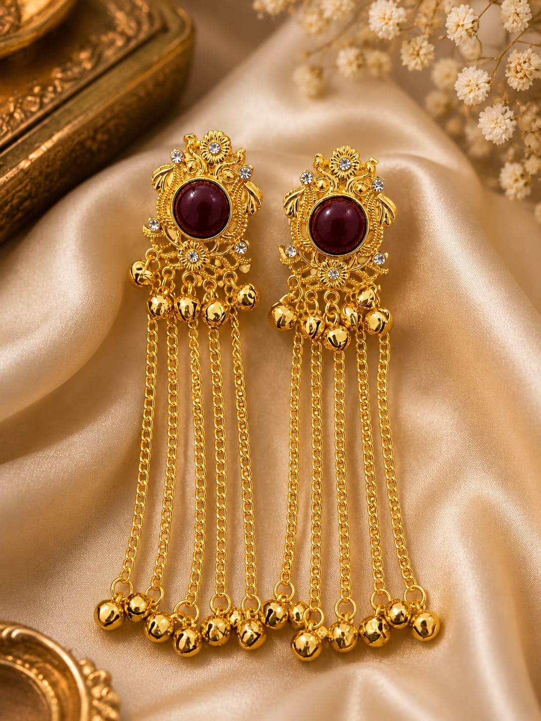 Gold Plated Maroon Stone Long Chain Drop