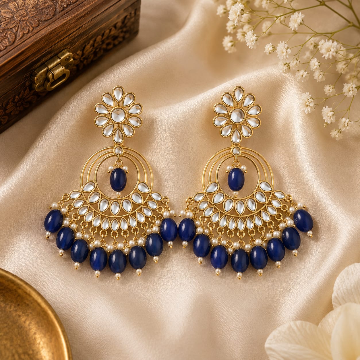 Gold Plated Blue Stone Chandbali Jhumka