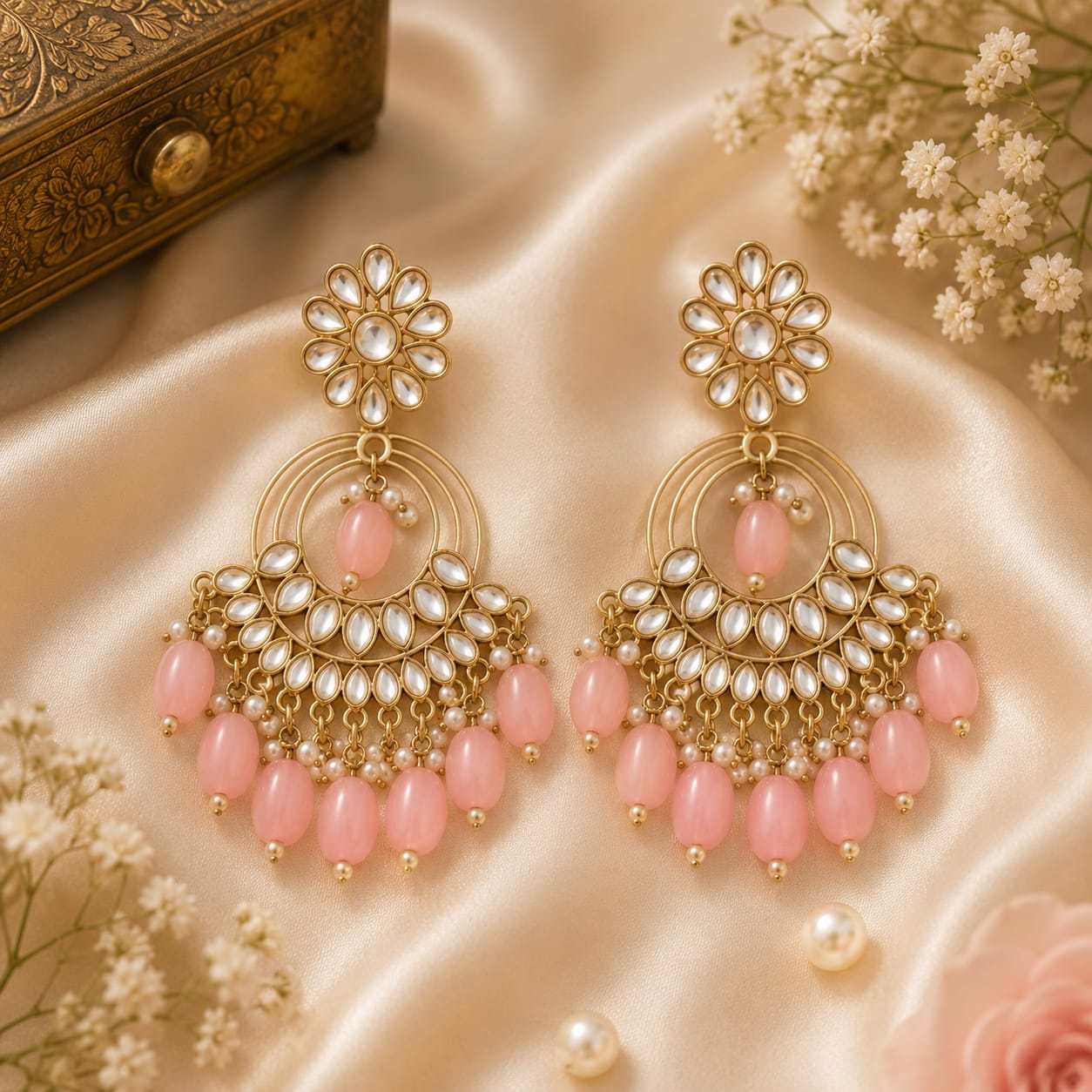 Gold Plated Pink Stone Chandbali Jhumka