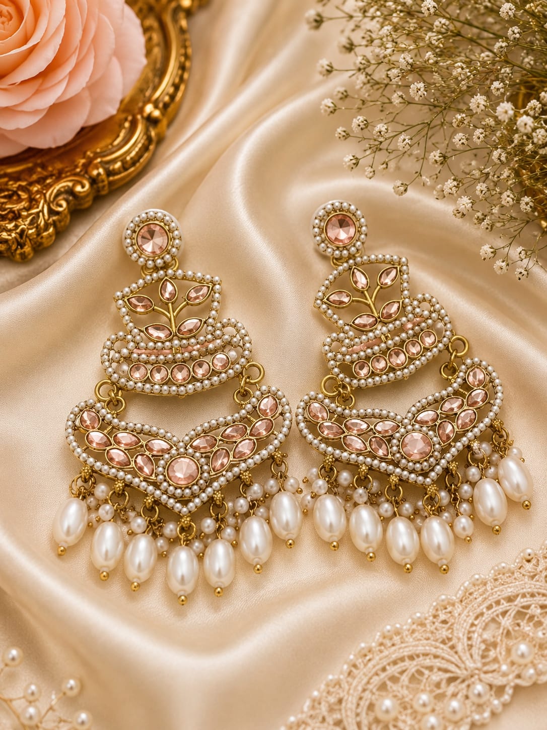 Pink Stone Pearl Chandbali Jhumka